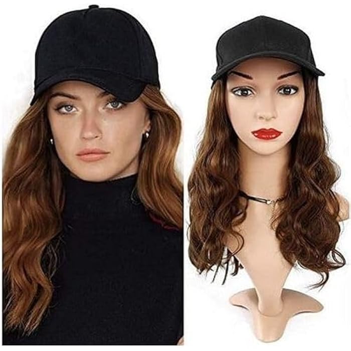Black Baseball Cap with Brown Wig Long Wavy Synthetic Hair for Women